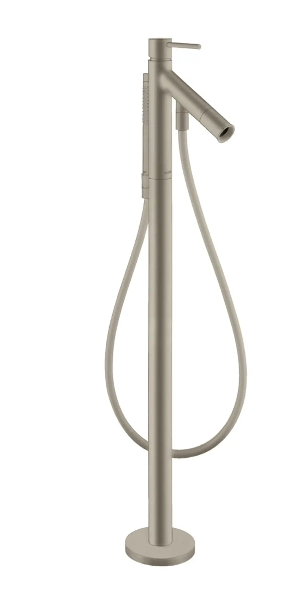 Bodenstehender Wannenmischer in brushed Nickel von AXOR, mit einem langen Auslauf und einem flexiblen Schlauch für eine vielseitige Nutzung im Badezimmer.